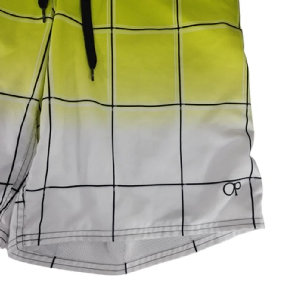 OP Ocean Pacific Board Short L 36-38 Men‎ Windowpane Plaid White Yellow Ombre